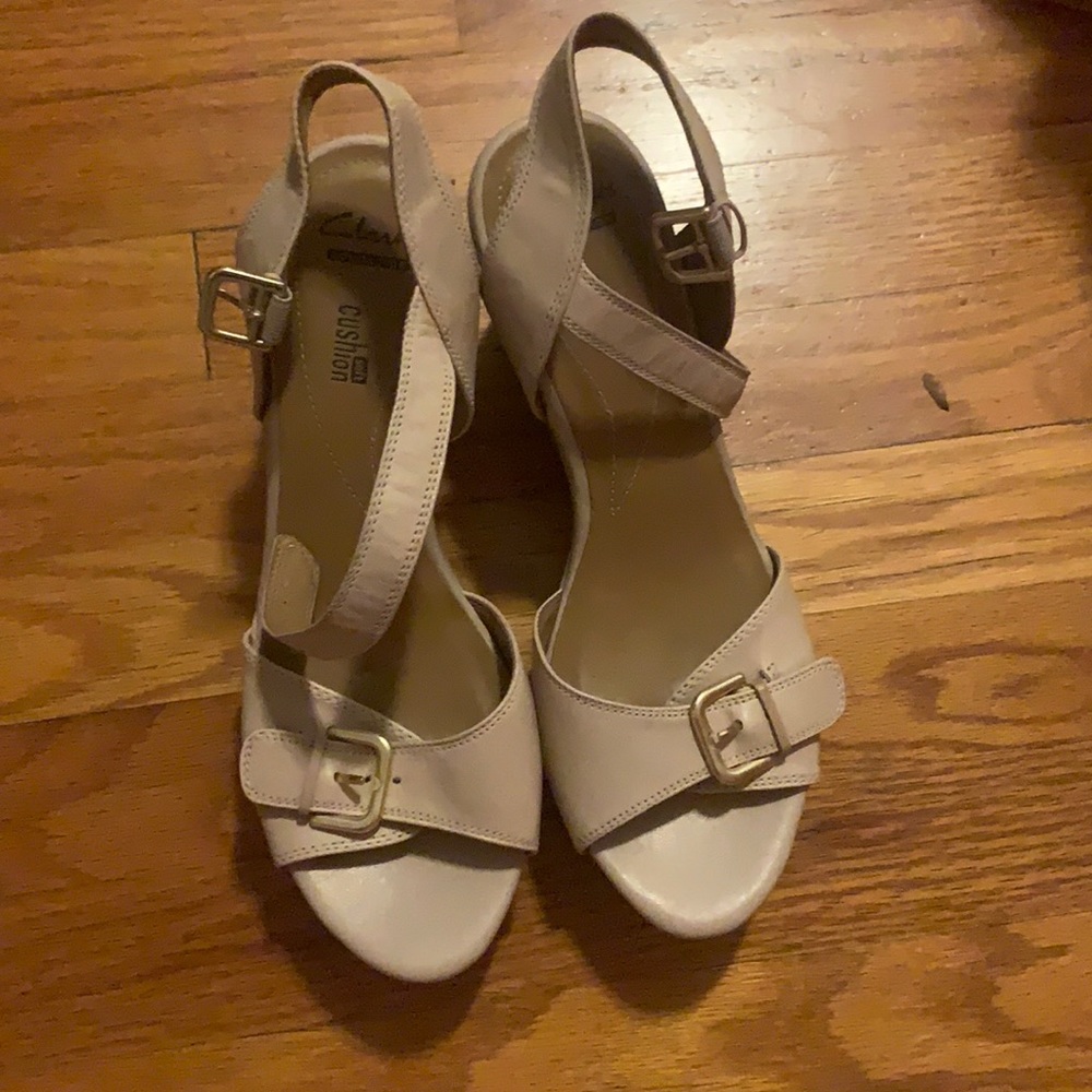 Clarks platform sandals, fabric and synthetic
